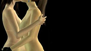 3D animated lesbian porn with kissing and rubbing
