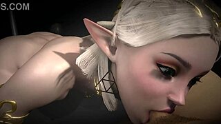 Beautiful blonde elf sucking a big cock in a dark environment