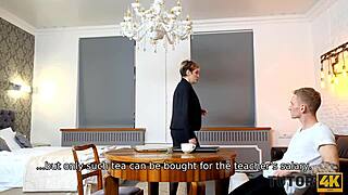 Stocking clad MILF seduces her young tutor in class