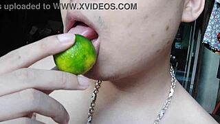Asian beauty enjoys solo pleasure with her mouth