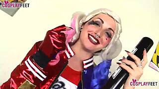 Harley Quinn's sexy feet in black pantyhose give a great foot fetish pleasure