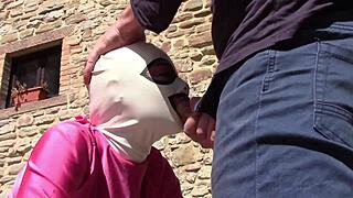 Petite teen sucks and gets cum in mouth outdoors