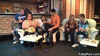 Chubby girl strips and gives a blow job at the party