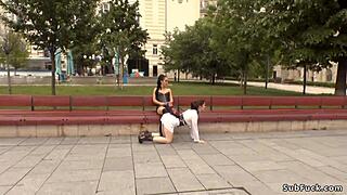 Public European sex with double penetration and BDSM elements