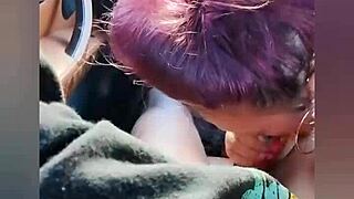 A curvy MILF almost gets caught while giving a blowjob in a parking lot