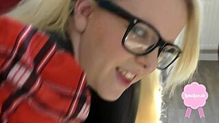 Big cock cums on glasses of cute blond teen