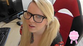 Big cock cums on glasses of cute blond teen