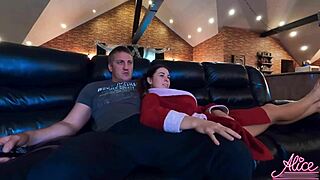 Big tits blonde gets doggy style sex while watching TV