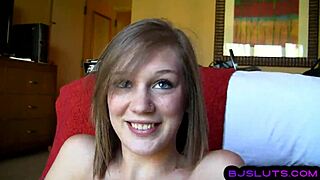 Close up of a small boobed girl giving a blowjob and being slutty