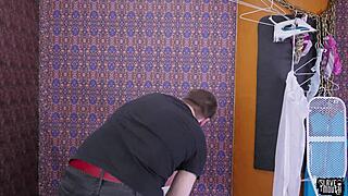 A brunette submissive gives a blow job to her master and then gets a facial