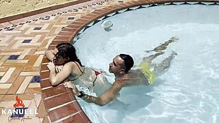 Petite Colombian teen enjoys rough poolside sex sessions