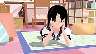 Asian schoolgirl Mia in sailor uniform in her room