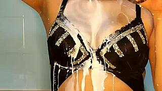 Blue enjoys solo play with a big dildo and swallows it all