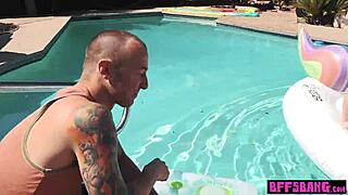 Outdoor poolside fun with bisexual teens and their friends