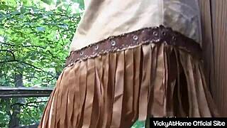 Mature beauty Vicky Vette strips and masturbates