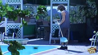 Skinny blonde gets her ass pounded by pool man