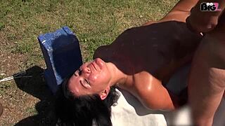 A slut who wants to get cum on her face gets a facial in a outdoor setting