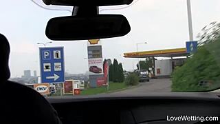 Solo girl pees in public and gets wet