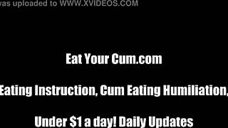 Femdom masturbation scene with a submissive man who eats his own cum