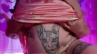 Pawg in a striptease, clothes ripped off, hairy beaver exposed