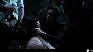 Tattooed busty chick gets rough fucked by three men