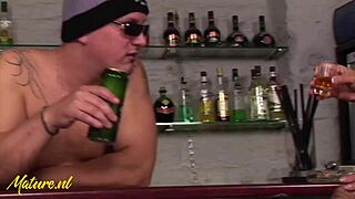 A mature redhead with a hairy body gets an anal creampie from the bartender