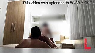 A man pleasuring himself and ejaculating on his hairy penis encased in a net