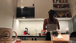 Braless Sylvia's kitchen antics on hidden cam footage
