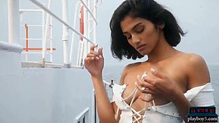 Hot Playboy model strips outdoors and on a yacht