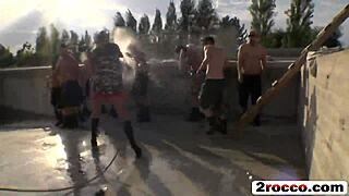 A brunette beauty gets rough and wild in an army orgy