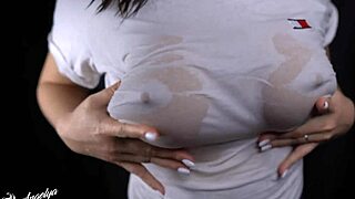Big nipples and a wet t-shirt: a classic combo for a great blowjob