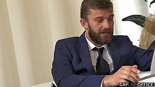 White European guy Mark Rich enjoys cum in gay office threesome