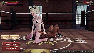 3D game with blonde and ebony naked wrestlers in a catfight