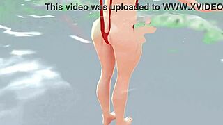 Small bikini, big nip slip, anime girl swims in the sea
