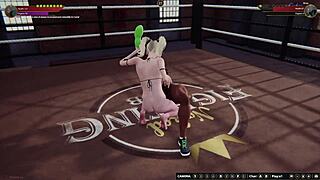 3D game with blonde and ebony naked wrestlers in a catfight