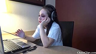 Young brunette, Lenna Lux, has a barefoot solo orgasm while wearing headphones