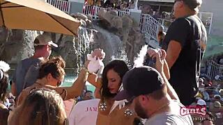 Sluts at a pool party in Key West show off their asses and tits