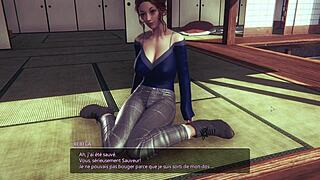 Beautiful brunette with large chest in animated porn game