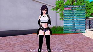 3D animated game with Tifa from Final Fantasy with large breasts in POV style