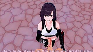 3D animated game with Tifa from Final Fantasy with large breasts in POV style