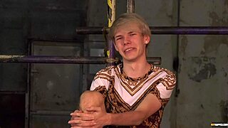 Gay BDSM scene with blindfold, wax and rough blowjob