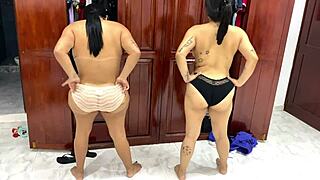 Step mothers and step daughters in lingerie, compete in a fashion competition