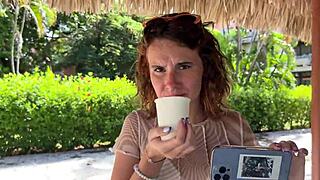 Amateur beauty in a mini bikini plays beer pong and gets crazy in the backstage area