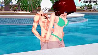 Bikini-clad Anzu Mazaki enjoys a steamy pool session