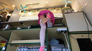 Cute teen in stockings gets upskirt photos at work