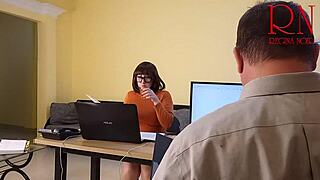 Tall secretary dominates office with her big tits
