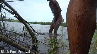 Skinny black babe gets fucked in river by journalist