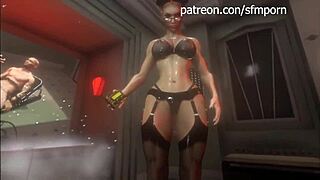 Beautiful shemale in latex, huge cock and electro stimulation in a 3D VR experience