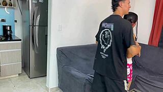 Latina step-sis and step-mom have hot kitchen affair