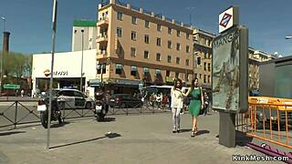 Fetish threesome with bound BDSM threesome with anal sex in public